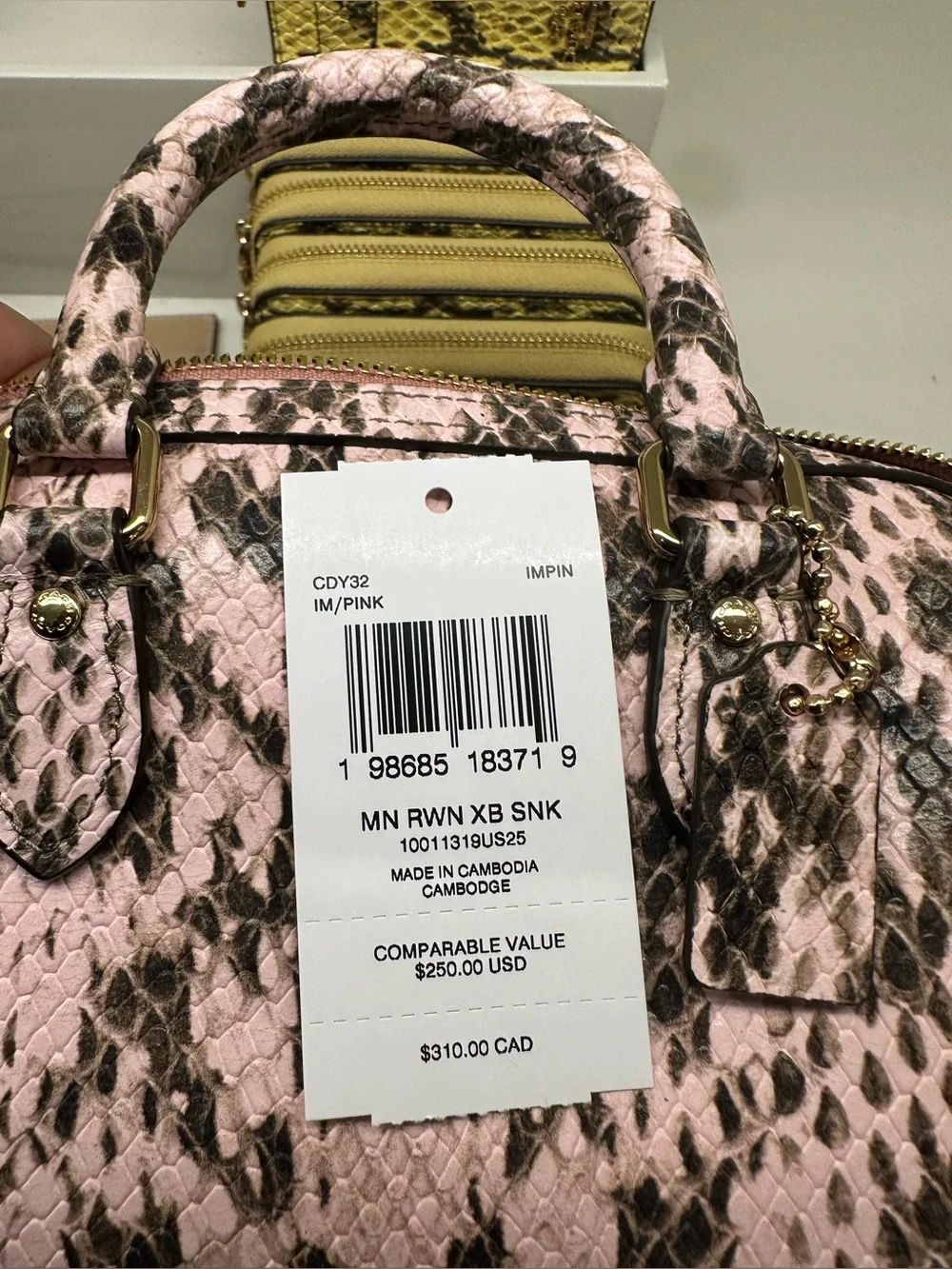 NWT Coach Mini Rowan Crossbody Bag snake embossed leather/Gold/Pink